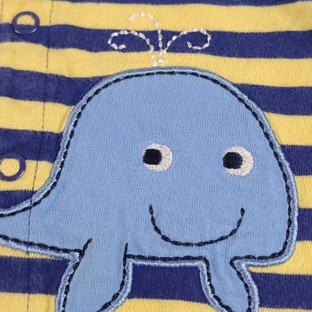Vintage Newborn Baby Outfit One Piece Romper Blue Yellow Stripe Whale Embroidery